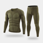 Men's ski base layer set in Olive Green, knitted long sleeve crew neck top and full-length leggings