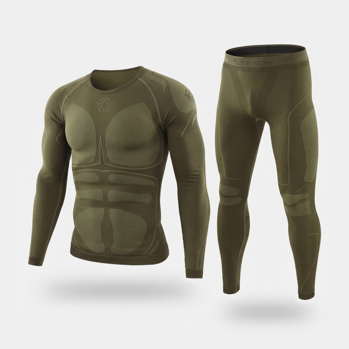 Men's ski base layer set in Olive Green, knitted long sleeve crew neck top and full-length leggings