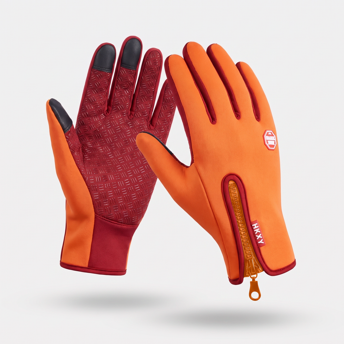 Touchscreen gloves in Sunset Orange, palm and back, three touchscreen fingertips and zip cuff