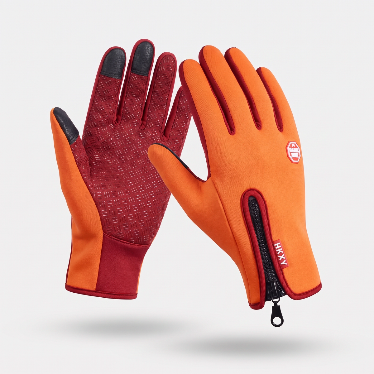 Touchscreen gloves in Sunset Orange, palm and back, three touchscreen fingertips and zip cuff