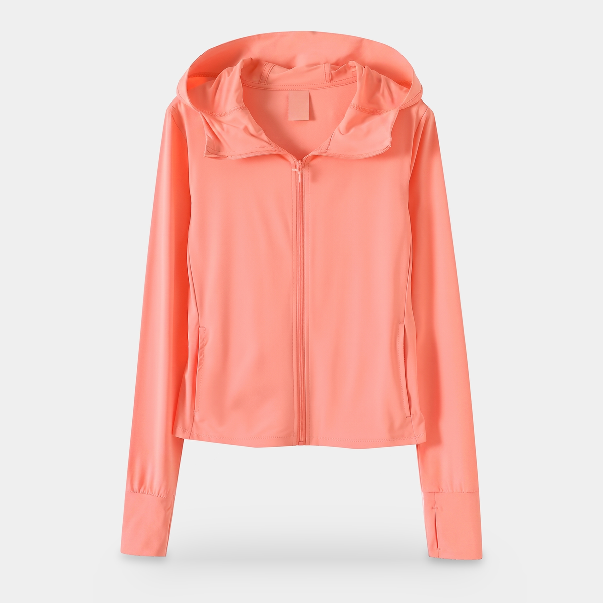 Women's zip-up sun hoodie in coral, front view on an invisible mannequin