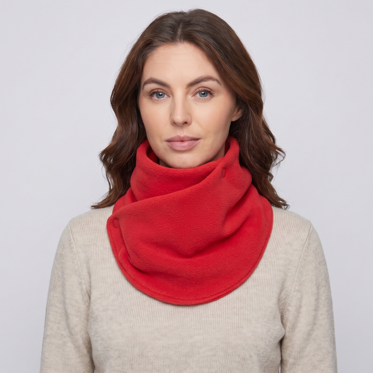 Fleece Snood neck warmer in Red, front view worn