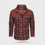 Men's fleece lined check overshirt in Rust Red, front view