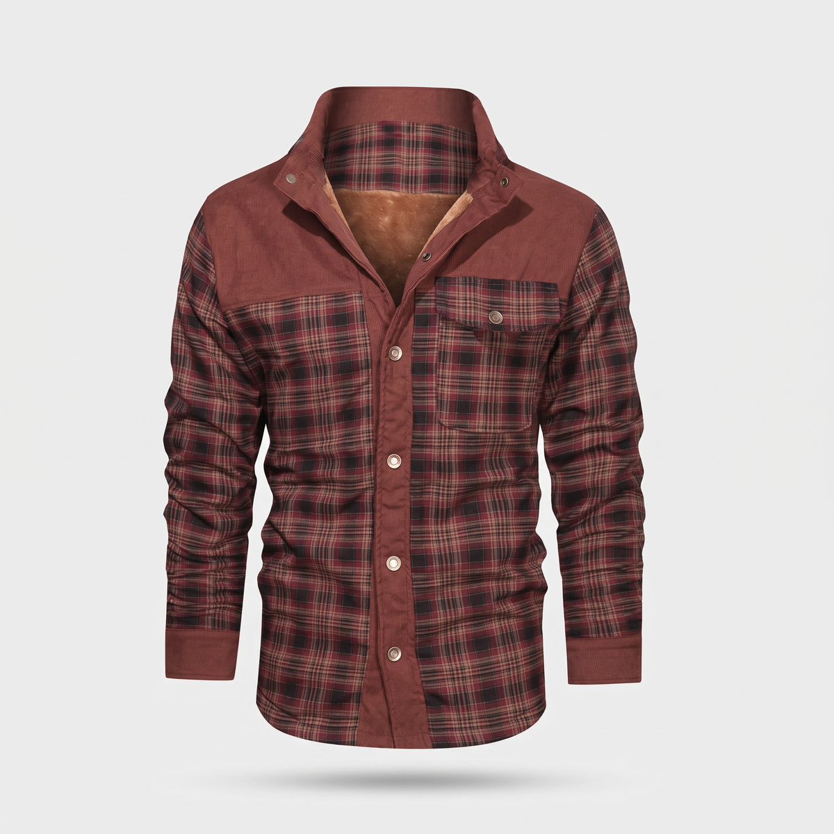 Men's fleece lined check overshirt in Rust Red, front view