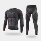 Men's ski base layer set in Black / Red, black knit top and leggings with red piping and grey chevron panels