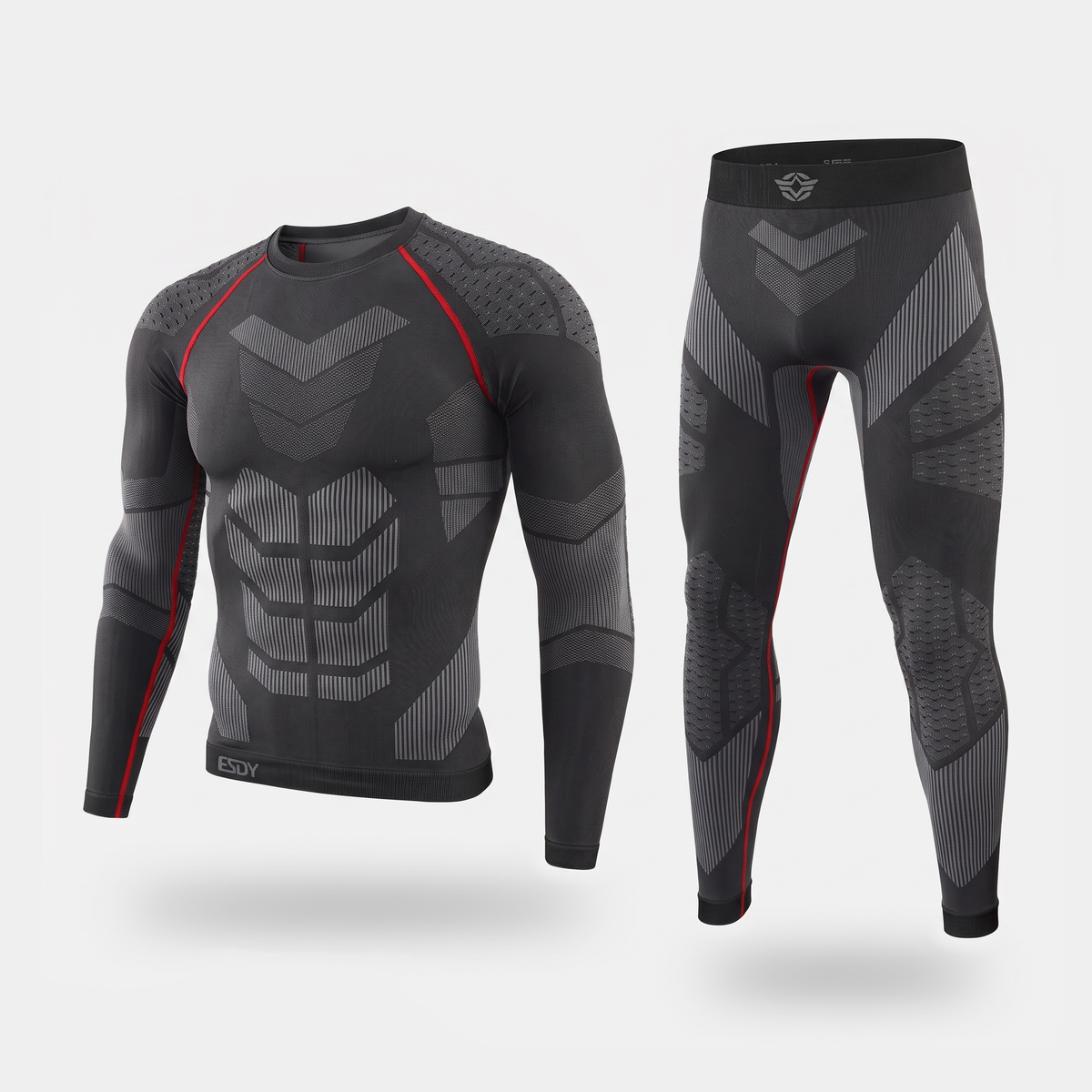 Men's ski base layer set in Black / Red, black knit top and leggings with red piping and grey chevron panels