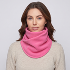 Fleece Snood neck warmer in Rose pink, front view worn