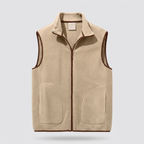 Men's fleece vest in khaki with brown contrast binding, front view