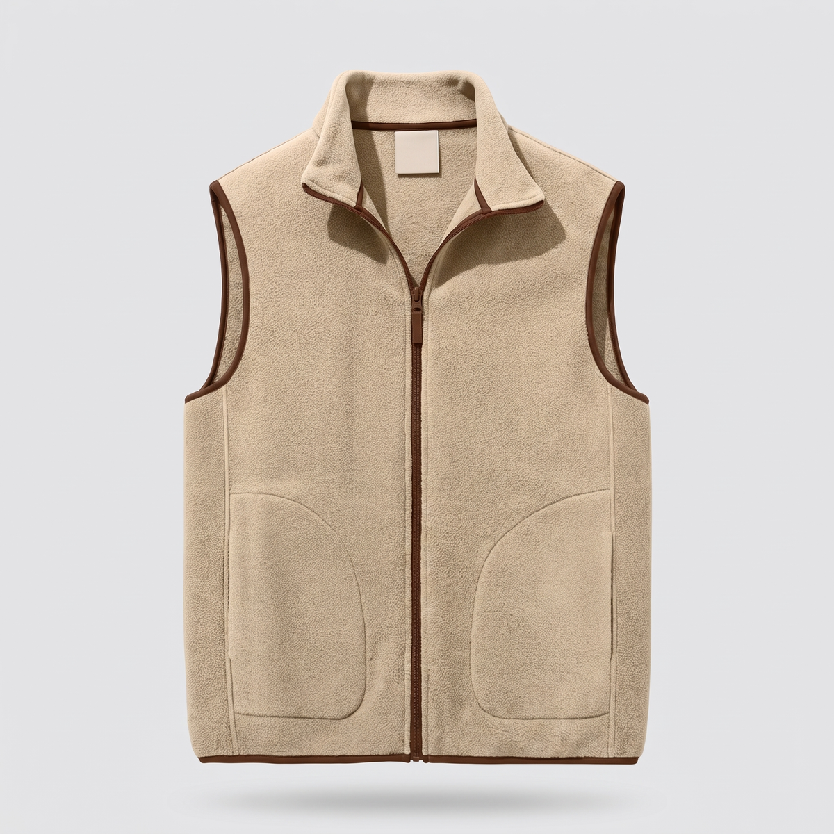 Men's fleece vest in khaki with brown contrast binding, front view