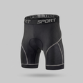 Men's padded cycling shorts in grey, front view: black mesh liner with grey seams and a printed SPORT waistband
