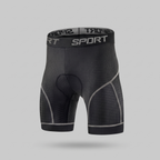 Men's padded cycling shorts in grey, front view: black mesh liner with grey seams and a printed SPORT waistband