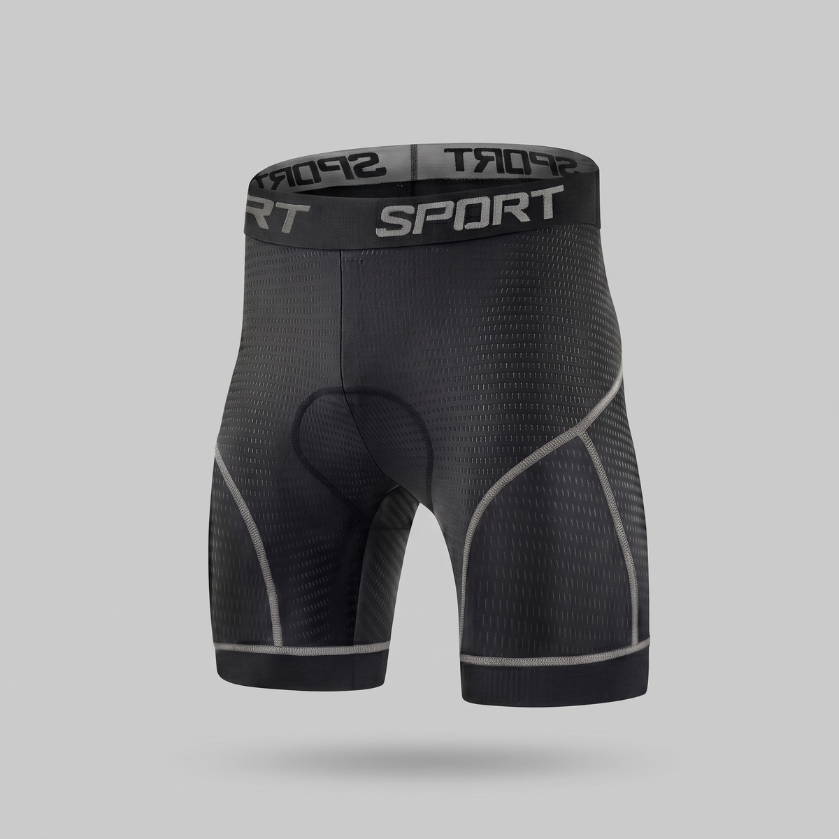 Men's padded cycling shorts in grey, front view: black mesh liner with grey seams and a printed SPORT waistband