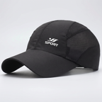 Lightweight running cap in Black with open mesh side panels, three-quarter front view