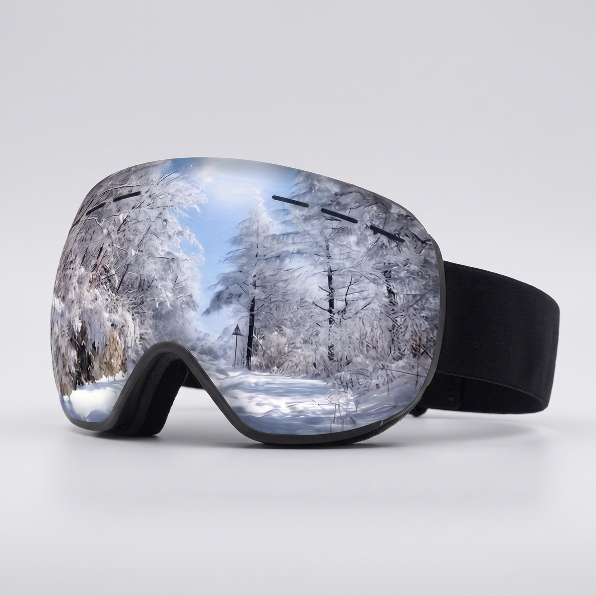 Black anti fog ski goggles with silver mirrored lens and black strap