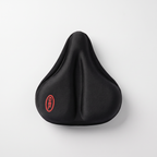 Padded bike seat cover in black, top view with the red GEL logo