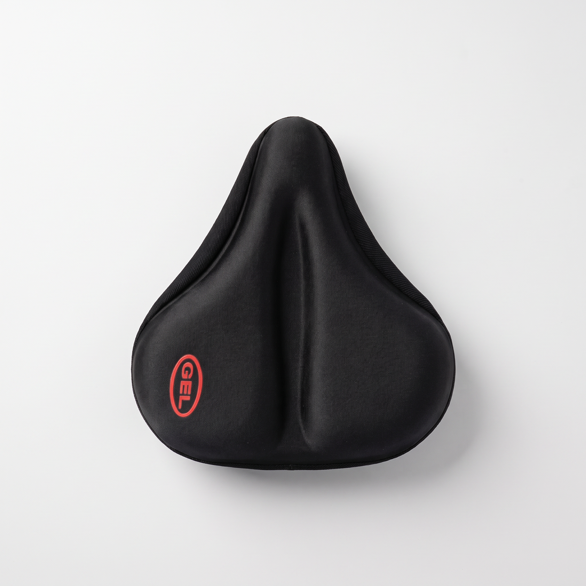 Padded bike seat cover in black, top view with the red GEL logo