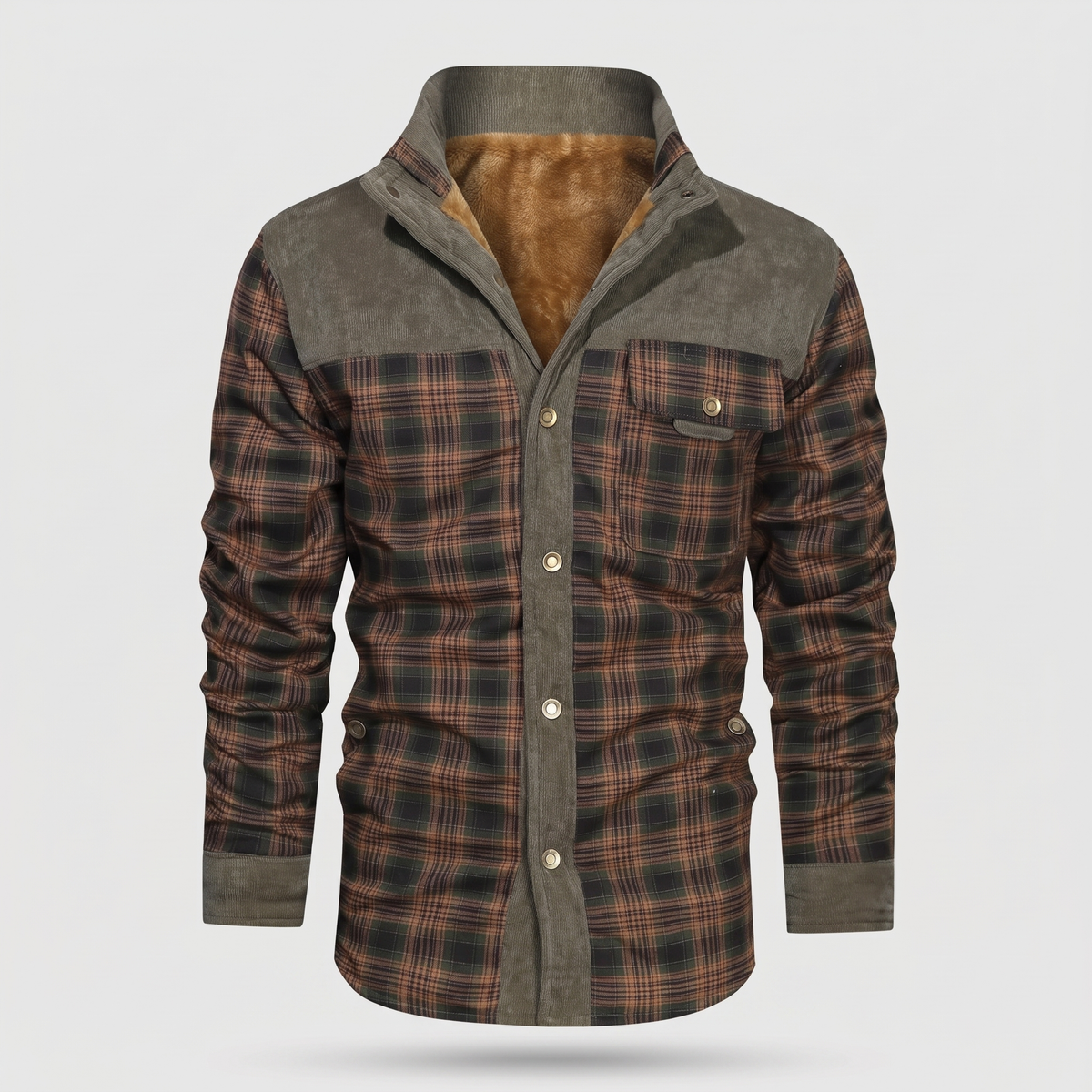 Men's fleece lined check overshirt in Army Green, front view