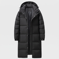 Men's long puffer coat in Black, front view with hood and snap storm flap
