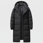 Men's long puffer coat in Black, front view with hood and snap storm flap