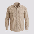 Men's fishing shirt in Khaki, front view with two flap chest pockets and two zip chest pockets