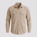 Men's fishing shirt in Khaki, front view with two flap chest pockets and two zip chest pockets
