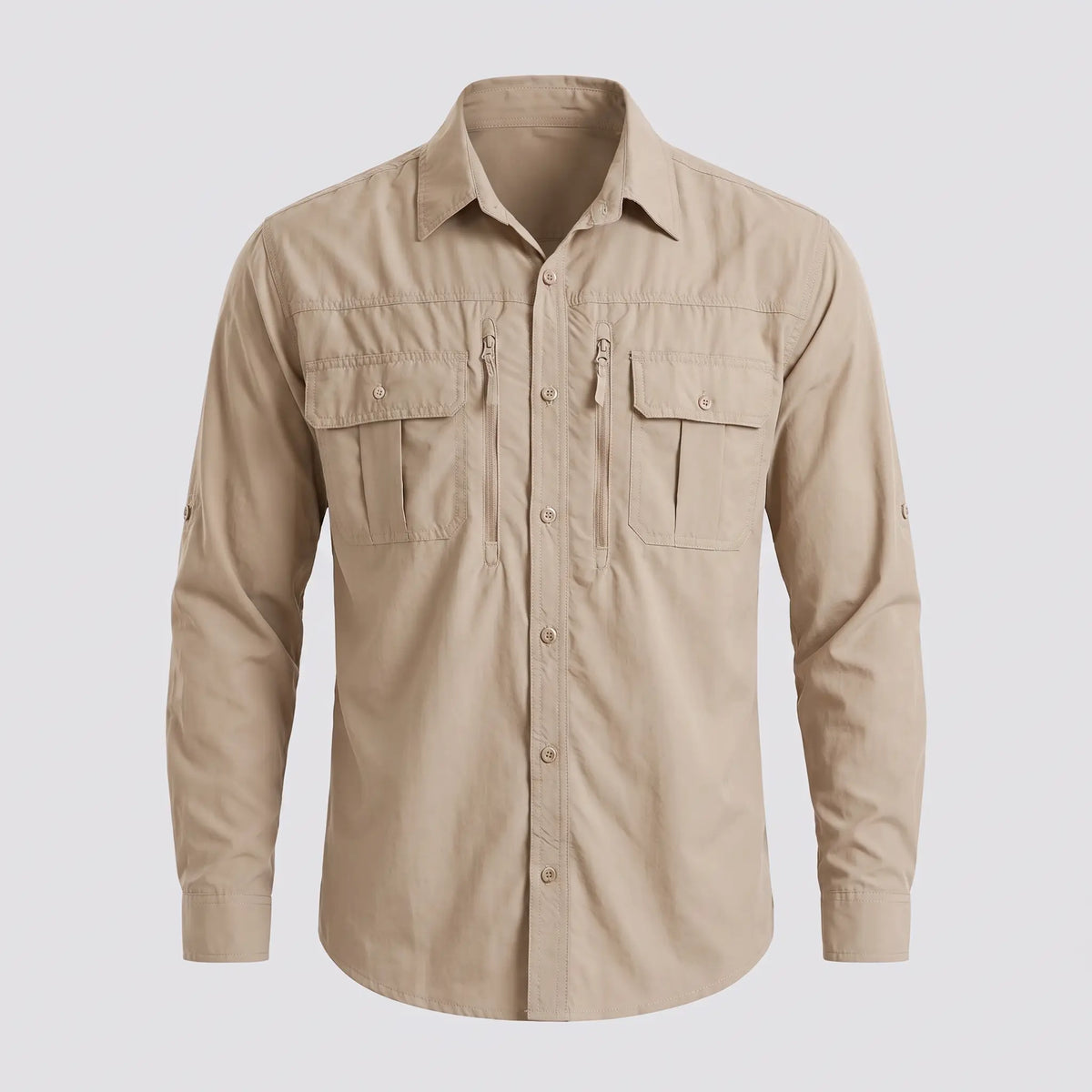 Men's fishing shirt in Khaki, front view with two flap chest pockets and two zip chest pockets