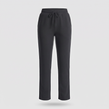 Women's fleece lined joggers in black, front view with drawcord waist, side pockets and straight legs