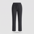 Women's fleece lined joggers in black, front view with drawcord waist, side pockets and straight legs