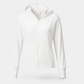 Women's zip-up sun hoodie in white, front view on an invisible mannequin