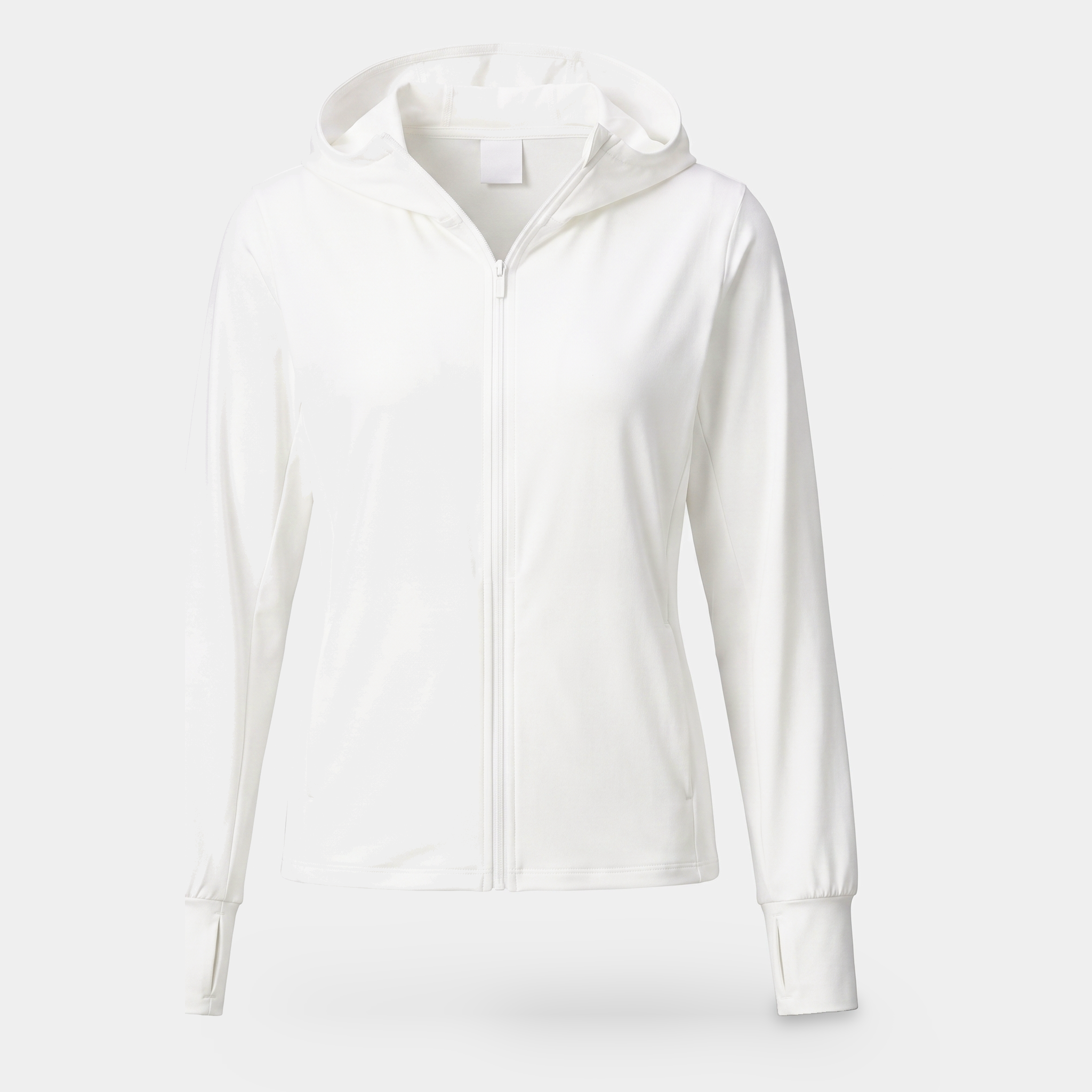 Women's zip-up sun hoodie in white, front view on an invisible mannequin