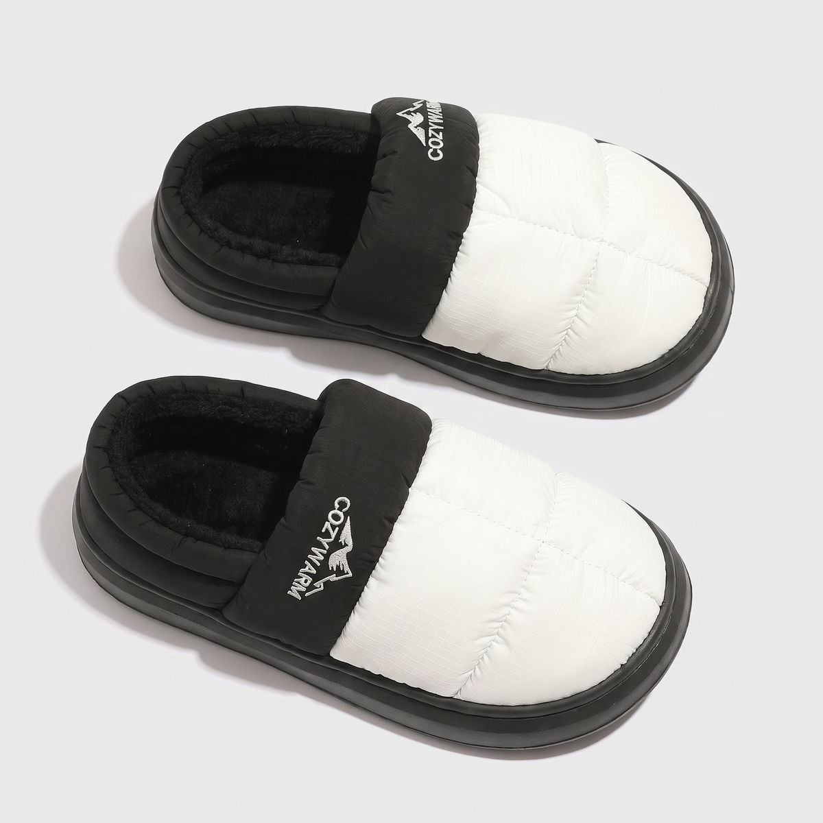Terrabound Camp Slippers in White/Black, top-down front view