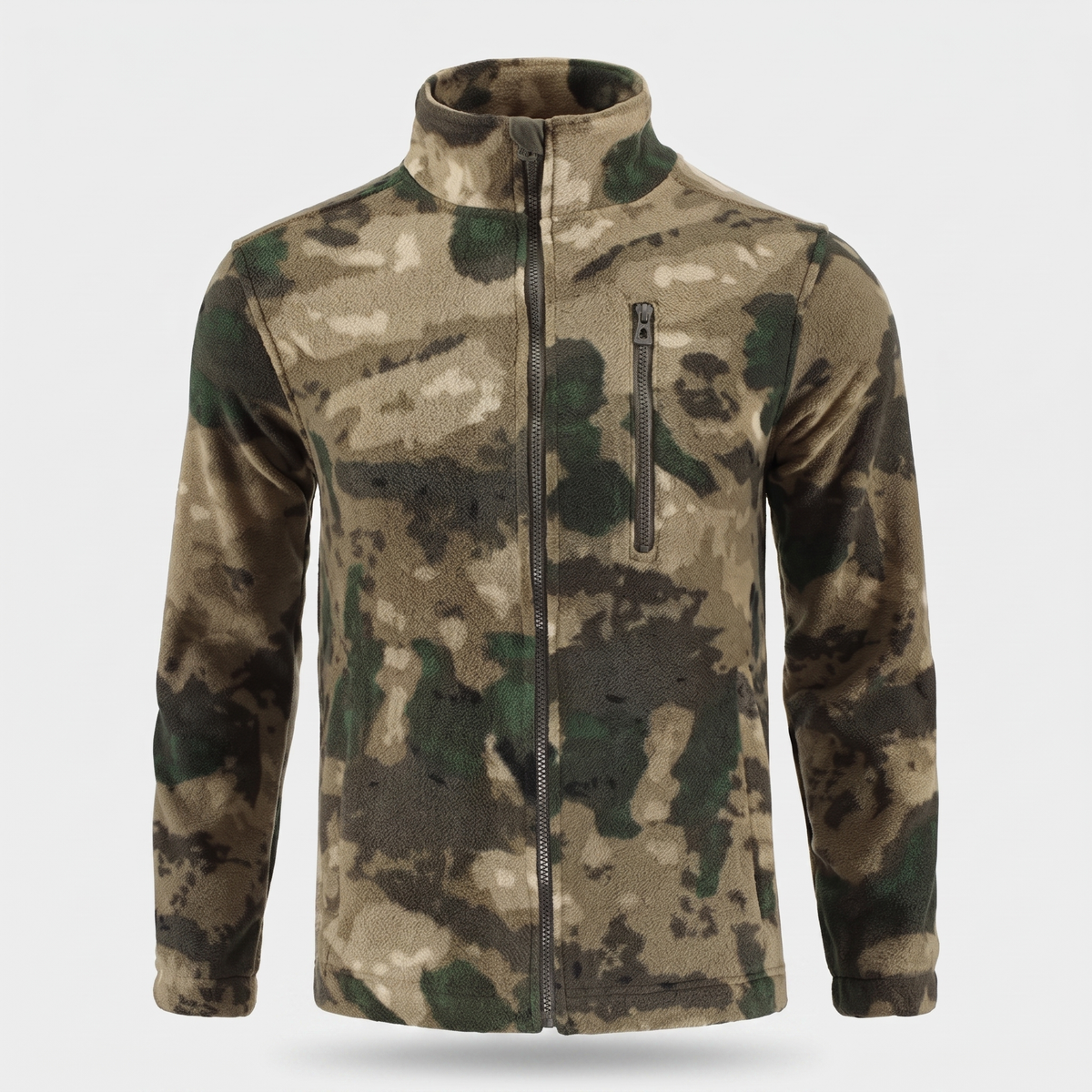 Men's Camo Fleece Jacket – Full Zip Stand Collar – Woodland Camo