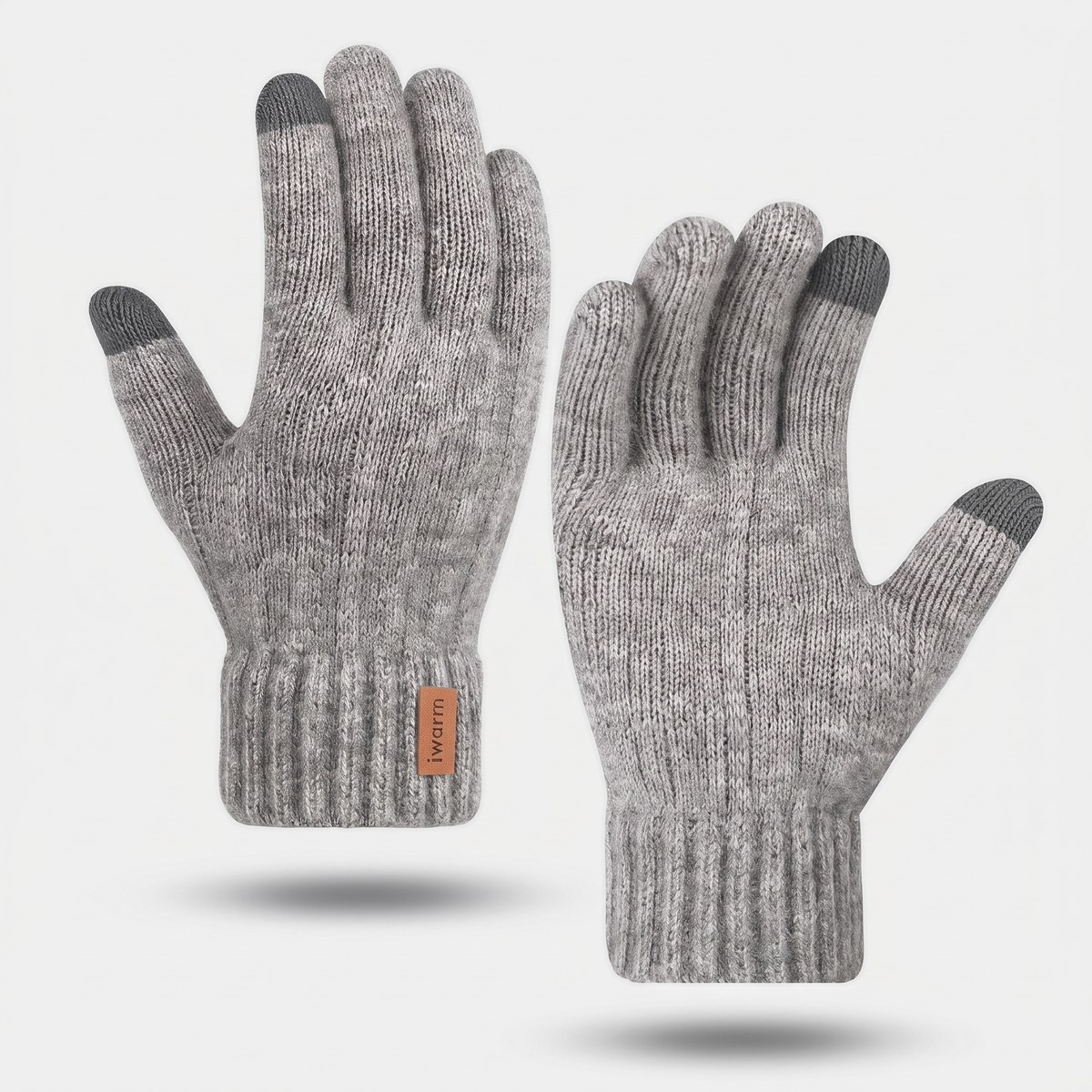 Knitted touchscreen gloves in Light Grey, darker touchscreen tips on the thumb and first finger