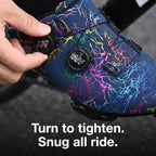 Hand turning one of the two dials on a Dark Blue cycling shoe