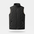 Men's black quilted body warmer with stand collar, full-length zip and two zipped hand pockets