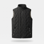 Men's black quilted body warmer with stand collar, full-length zip and two zipped hand pockets