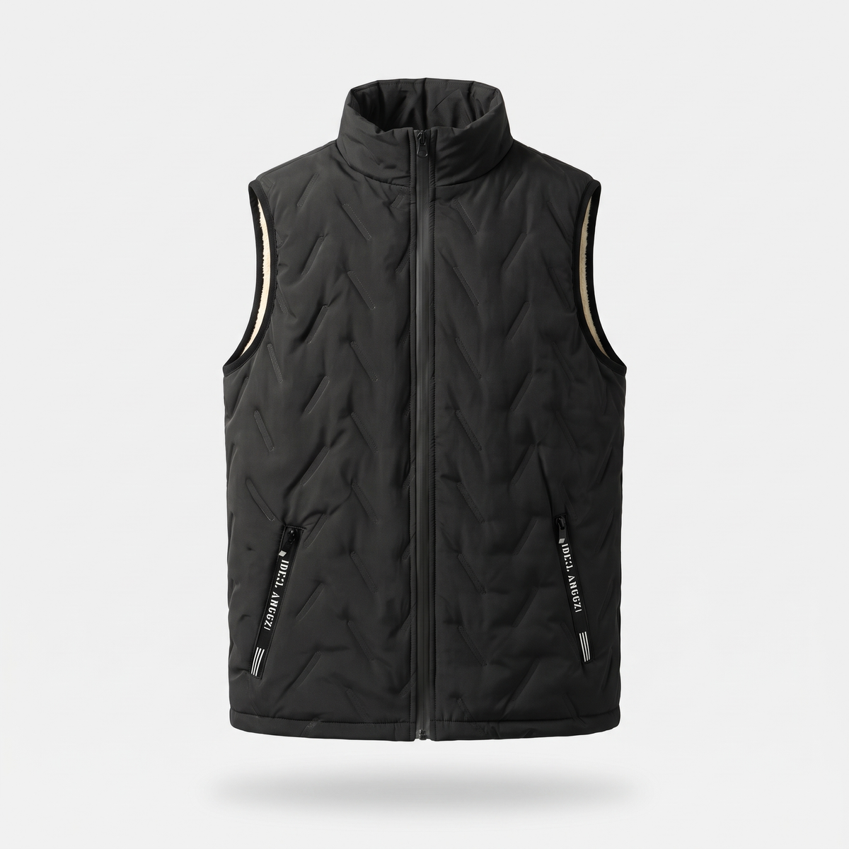 Men's black quilted body warmer with stand collar, full-length zip and two zipped hand pockets