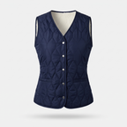 Women's quilted gilet in Navy, fleece lined V-neck front with metal poppers and hip pockets