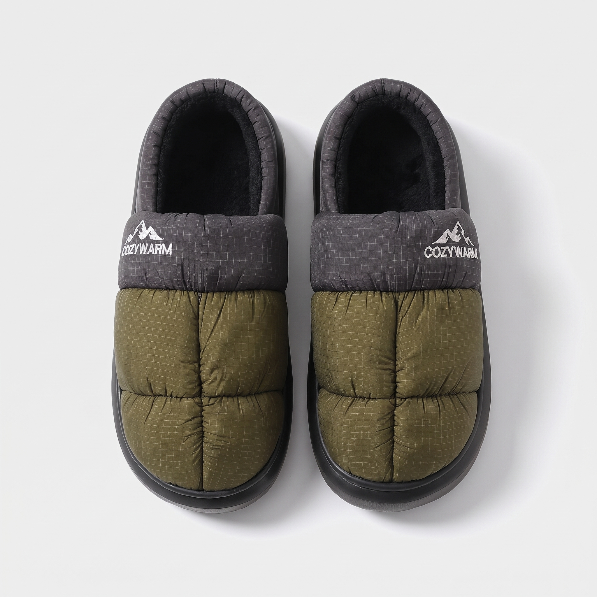 Terrabound Camp Slippers in Black/Green, top-down front view