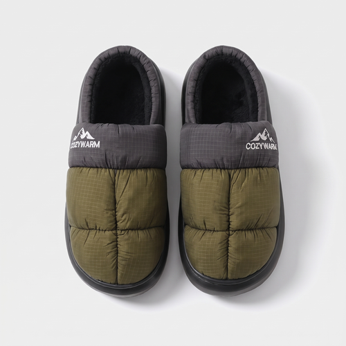 Terrabound Camp Slippers in Black/Green, top-down front view