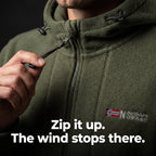Close-up of the hood drawcord and the full-length zip with chin guard