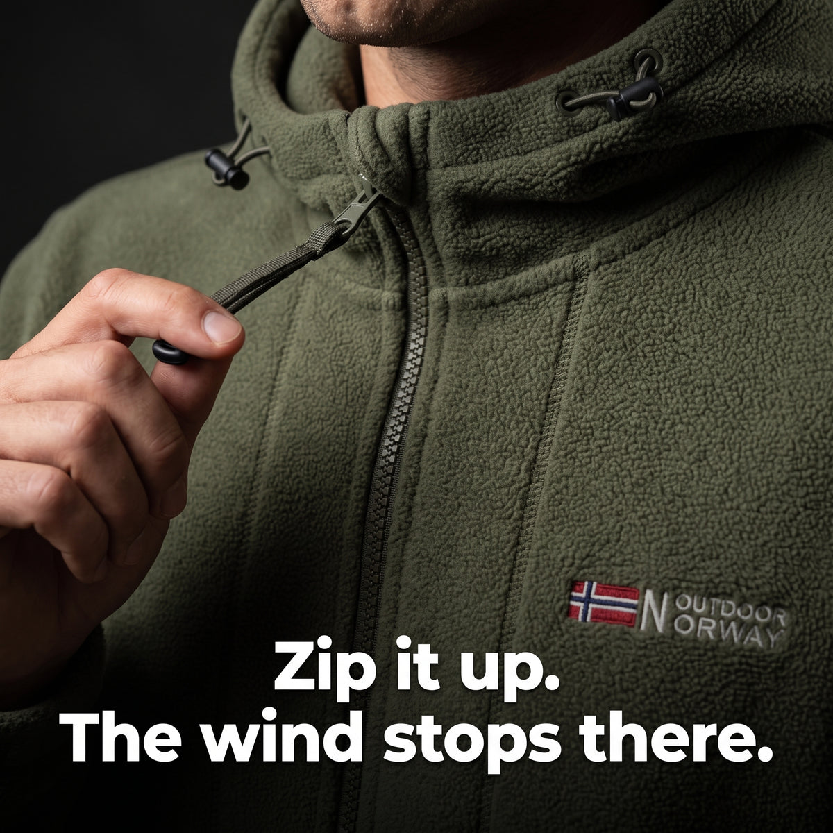 Close-up of the hood drawcord and the full-length zip with chin guard