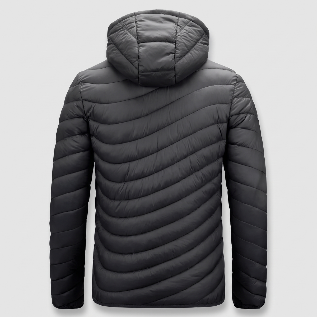 Back of the hooded puffer coat with wave quilting