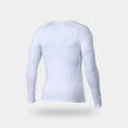 Back view of the white long-sleeve base layer top showing raglan sleeve seams
