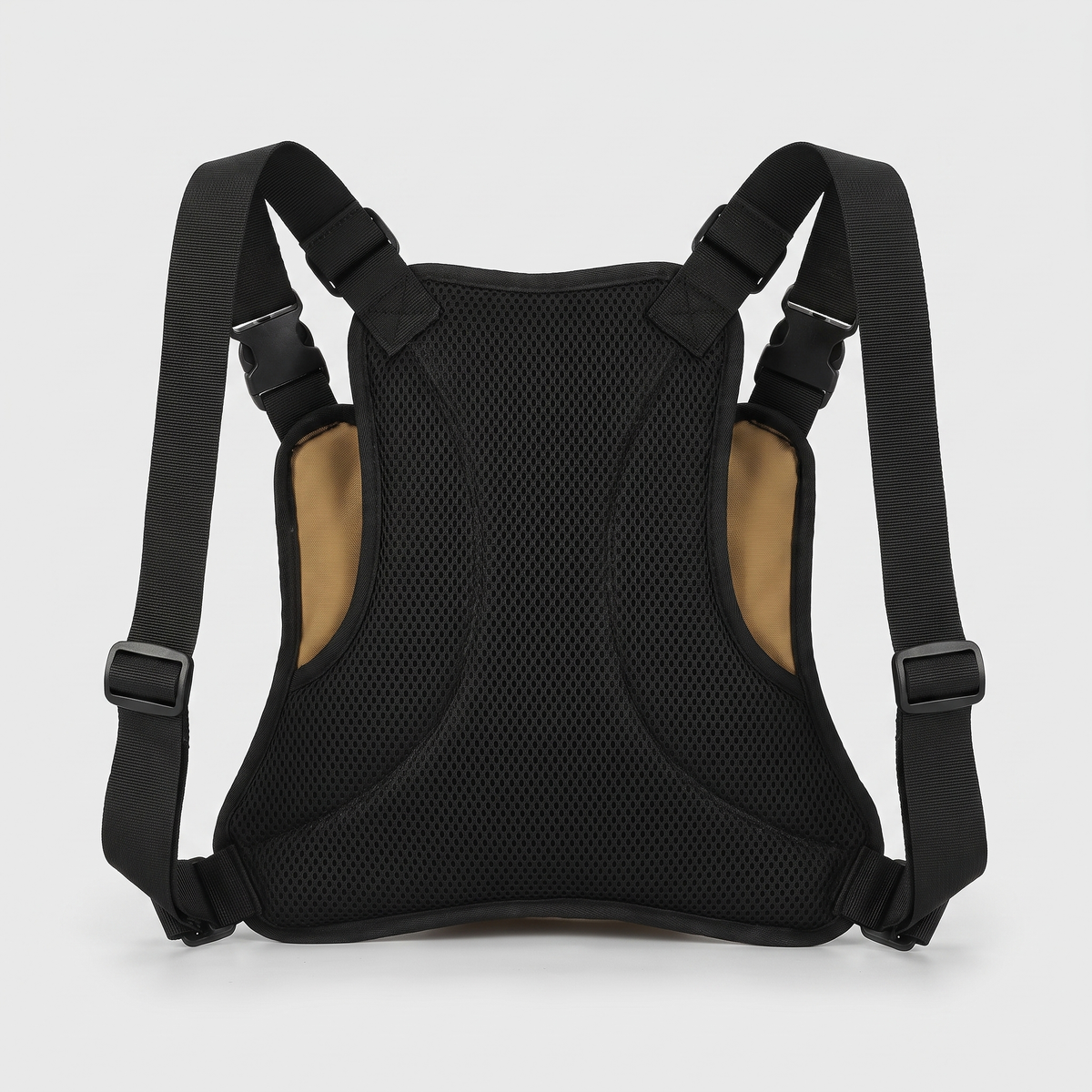 The breathable mesh back panel of the chest bag