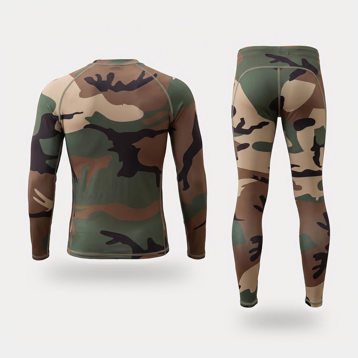 Back view of the Green Camouflage base layer top and leggings showing raglan sleeve seams and contrast seam lines
