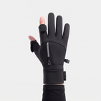 Back of the winter glove with the zipped pocket and cuff clip, thumb and index caps folded back