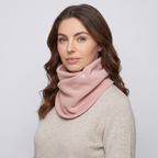 Fleece Snood neck warmer in Blush Pink, three-quarter view showing the two poppers