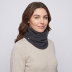 Fleece Snood neck warmer in Charcoal, three-quarter view showing the two poppers