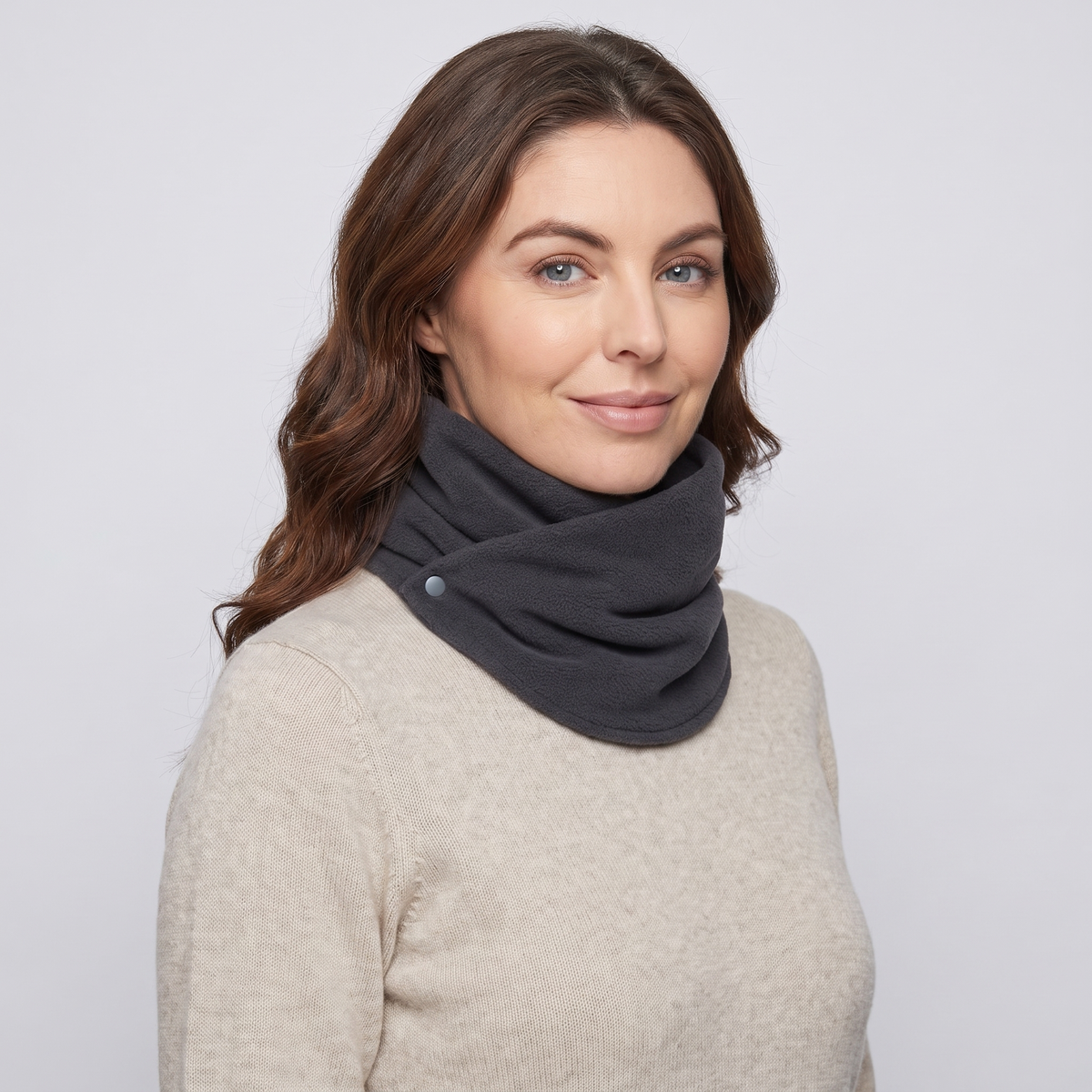 Fleece Snood neck warmer in Charcoal, three-quarter view showing the two poppers